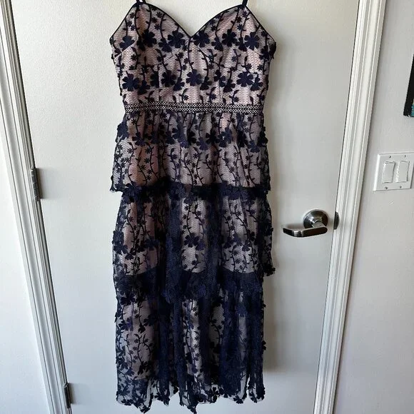 Endless Rose Women's Crochet Layered Midi Dress - Navy Endless Rose Women's Crochet Layered Midi Dress - Navy